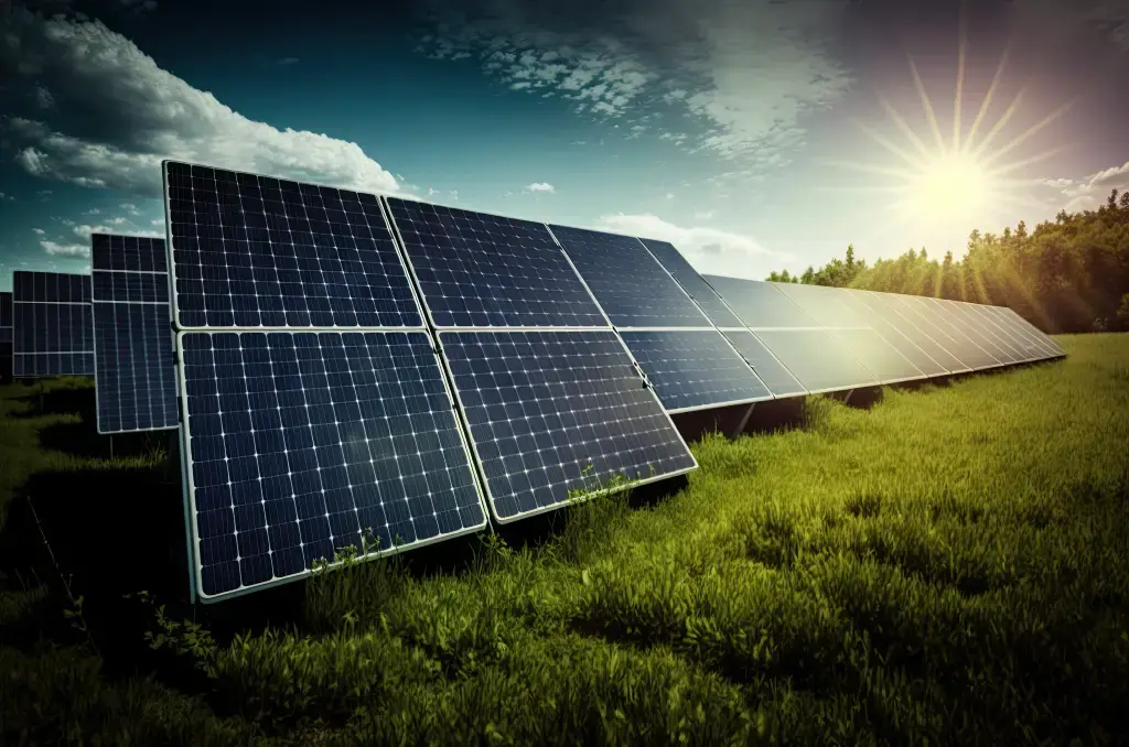 Solar panels installed in a green field with the sun shining brightly in the sky.